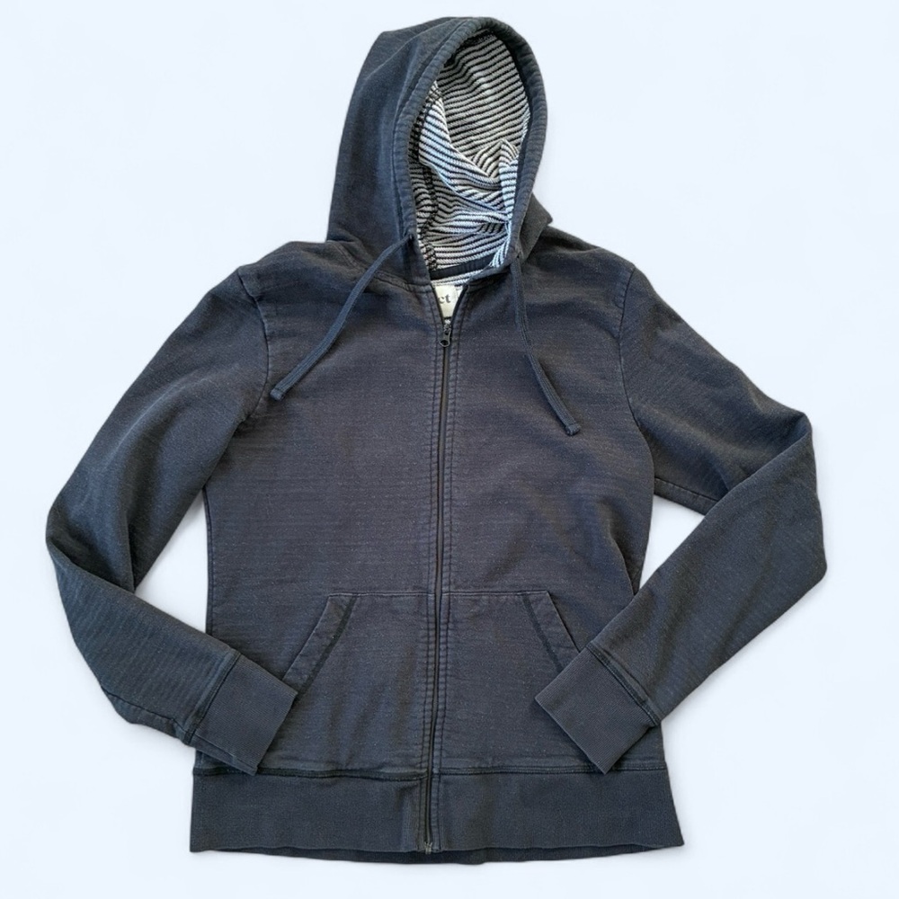 Pact washed Faded black zip up hoodie Textured stripe lining neutral casual